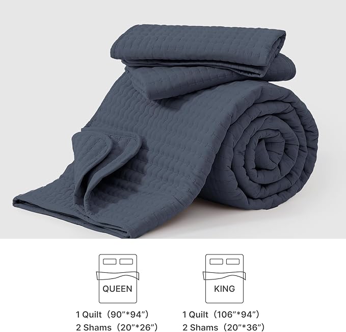 WRENSONGE King Size Quilt-3 Pieces Lightweight Blue Grey Bedspreads King Quilt Bedding Set for All Seasons, Soft Summer Coverlet with 2 Pillow Shams Suitable for Bed, Couch, Quilt Blanket