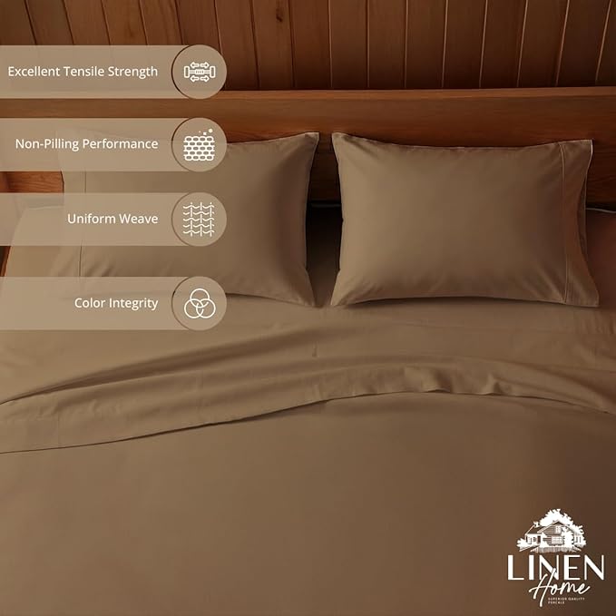 Linen Home 100% Cotton Percale Sheets King Size, Earthy Brown, Deep Pocket, 4 Pieces Set - 1 Flat, 1 Deep Pocket Fitted Sheet and 2 Pillowcases, Crisp Cool and Strong Bed Linen