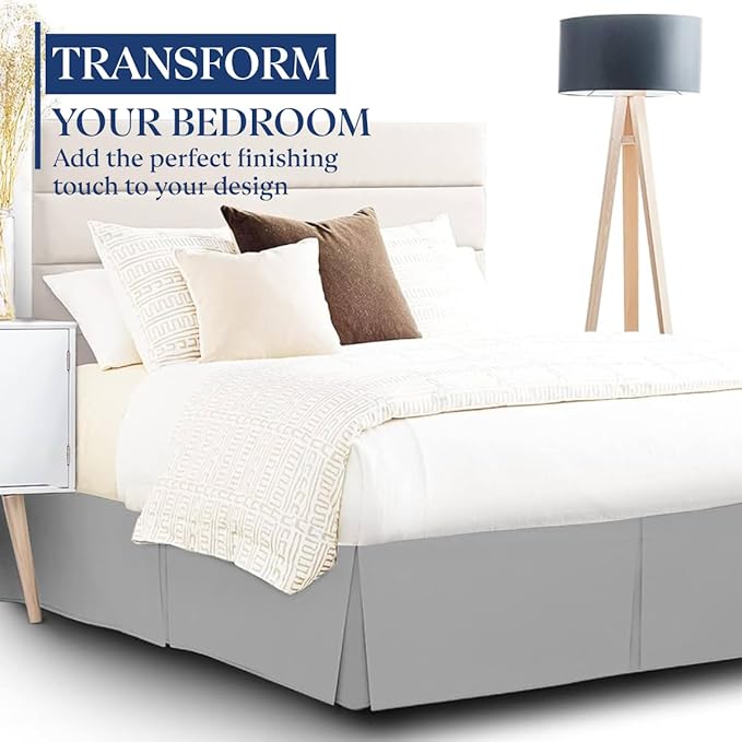 SKY BEDDINGS Luxury Pleated Queen Bed Skirt with Split Corners - 16 Inch Tailored Drop - Pleated Dust Ruffle - Wrinkle-Free 100% Microfiber - Easy Fit, Soft & Durable - Light Grey