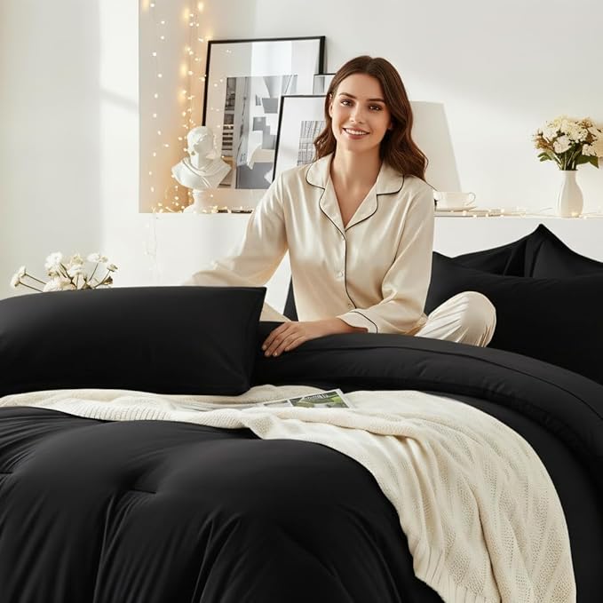 Twin Comforter Set 5 Pieces - Ultra-Soft Bed in a Bag Twin Size, Cozy Luxury All Season Bedding Sets with Comforter, Flat Sheet, Fitted Sheet, 1 Pillow Shams & 1 Pillowcases, Black