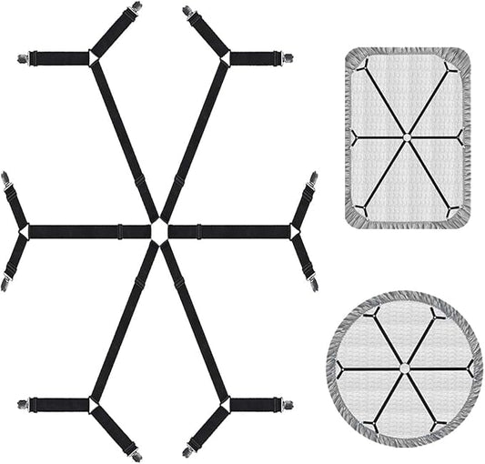 6 Ways Heavy Duty Sheet Holders Keep Sheets Firm and Tight - Sheet Clips, Bed Sheet Holders for Corners, Mattress Straps to Hold Sheets in Place, Bed Sheet Clips (Black, 6 Way Bed Straps)