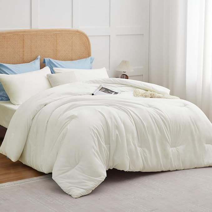 CozyLux Queen Comforter Set Ivory, 3 Pieces Solid Breathable Quilted Style Bedding Sets for Girls, Luxury Soft Microfiber Down Alternative Comforter Bet Set All Season (1 Comforter & 2 Pillowcases)