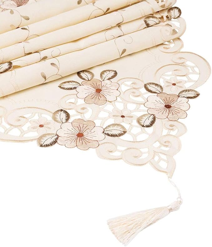 LeLehome 15 Inch X 69 Inch Classic Embroidered Lace Long Table Runner, Floral Washable Cabinet Dresser Scarf Home Party Kitchen Restaurant Decoration - Beige Flower