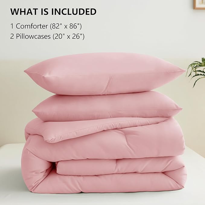 CozyLux Full Size Comforter Set Pink, 3 Pieces Solid Breathable Quilted Style Bedding Sets, Luxury Soft Bed Set with Down Alternative Comforter for All Season (1 Comforter & 2 Pillowcases)