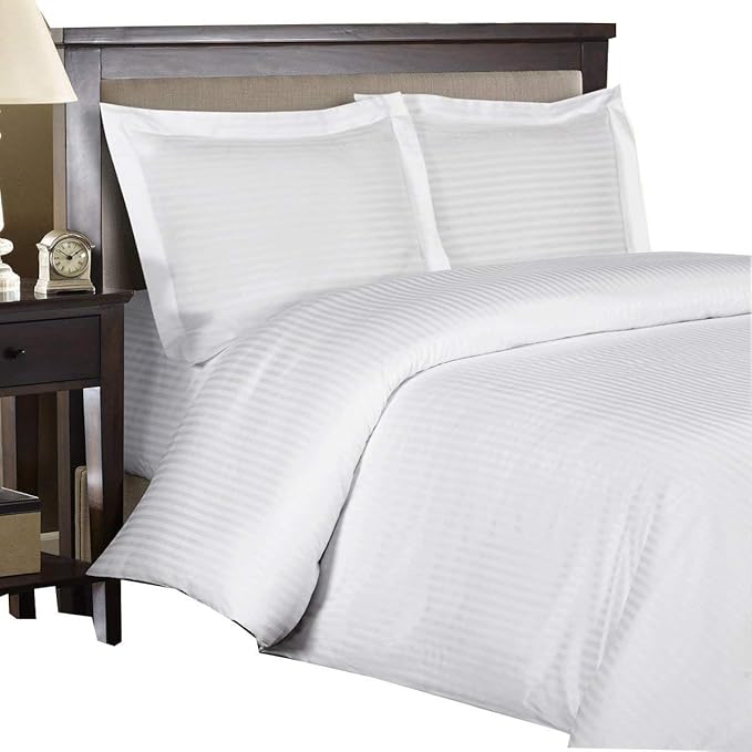 Royal Hotel Bedding 8pc Queen Size Bed-in-a-Bag Striped White 600-Thread-Count Siberian Goose Down Alternative Comforter 100 Percent Cotton - Includes Sheets and Duvet Cover Sets