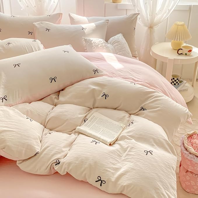 Nayoroom Bow Duvet Cover Queen Size Reversible Pink Coquette Duvet Cover 3 Pieces Soft Lightweight Microfiber Kids Girls Cute Aesthetic Dorm Bedding Set, White/Pink