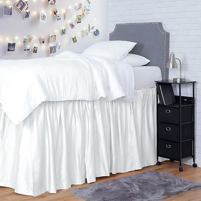 Shreem Linen Dorm Room Bed Skirt Twin XL 46 Inch Drop, 100% Microfiber Extra Long Bedskirt, White