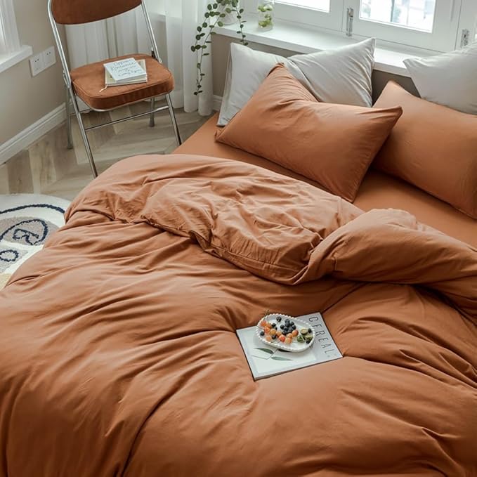 Terracotta Duvet Cover Jersey Knit Cotton Duvet Cover Full Size Caramel 3 Pieces Bedding Set Rust Color Comforter Cover with Zipper Ties Breathable Burnt Orange Comforter Cover Farmhouse Bedding Set