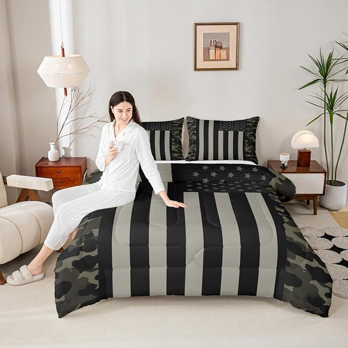 American Flag Comforter Set Full Military Camo Down Comforter,Retro Army Green Camouflage USA Flag Bedding Set For Kids Boys Teens Men Bedroom,Black Grey Stars Stripes Quilt Duvet Set 2 Pillow Cases