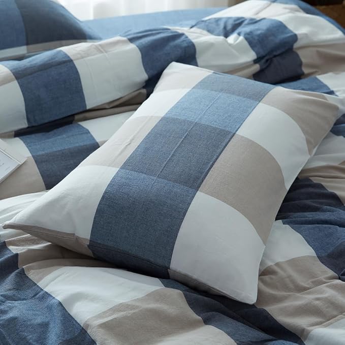 FACE TWO FACE Bedding Duvet Cover Set100% Washed Cotton Duvet Cover Linen Like Textured Breathable Durable Soft Comfy (Queen, Blue and White Grid)