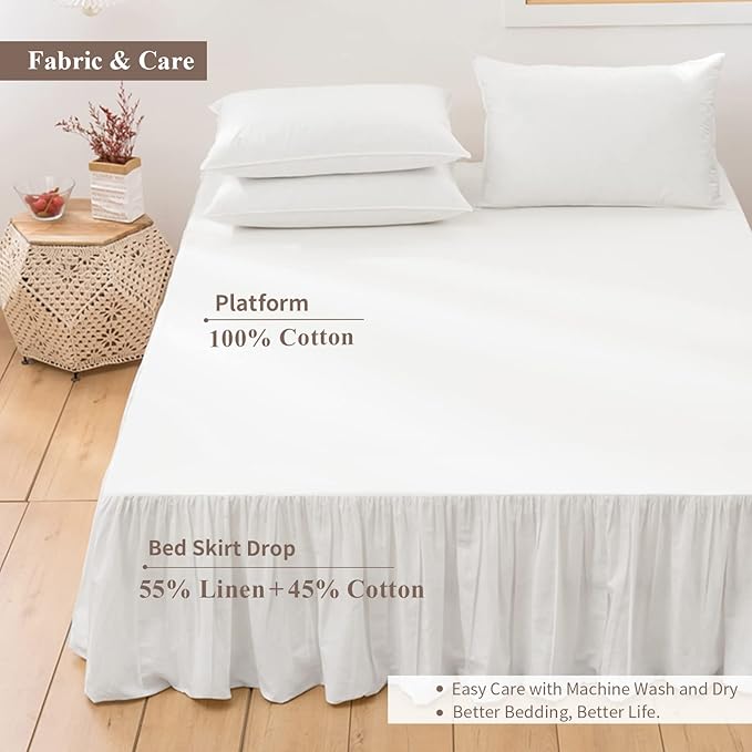 BISELINA French Linen Bed Skirt with Pleated Frills 14-Inch Tailored Drop Natural Flax Cotton Blend Dust Ruffle Soft Cozy Farmhouse Bedding (14" King, White)