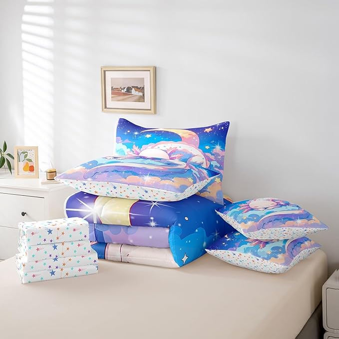 Feelyou Kids Cute Axolotl Bed in A Bag Full Size, Galaxy 7 Pieces Bedding Set Boys Girls Cartoon Salamander Comforter Set with Sheets Kawaii Animal Teens Bed Set Bedroom Decor 7Pcs