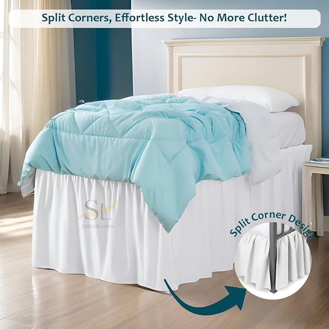 Shreem Linen Dorm Room Bed Skirt Twin XL 46 Inch Drop, 100% Microfiber Extra Long Bedskirt, White