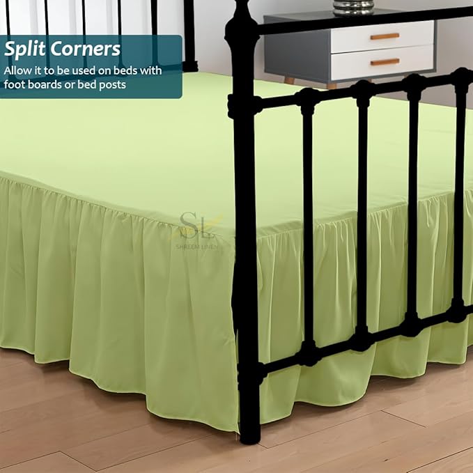 Shreem Linen Ruffled Bed Skirt with Split Corners, Gathered Style, 100% Microfiber, 8-Inch Drop, Dust Ruffle Bedskirt with Platform, Queen, Sage