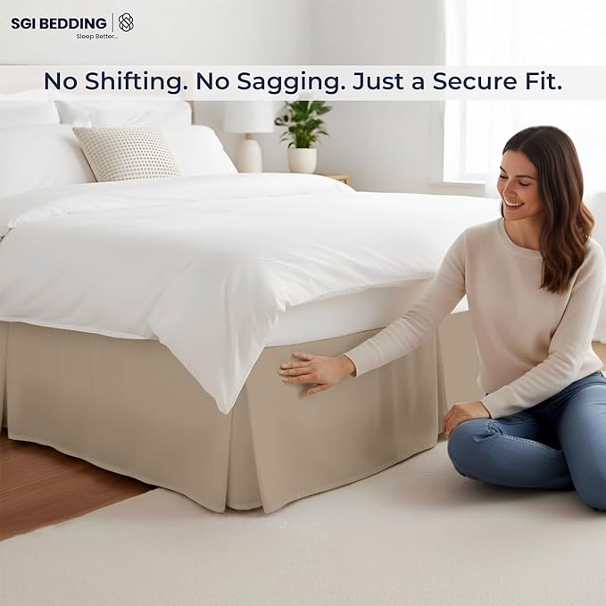 SGI bedding 17 inch Drop Bed Skirt Queen Size - Platform Style with Secure Fit, Classic Tailored Look, Elegant Pleated Style Dust Ruffle, Split Corners, Wrinkle Resistant Microfiber - Taupe