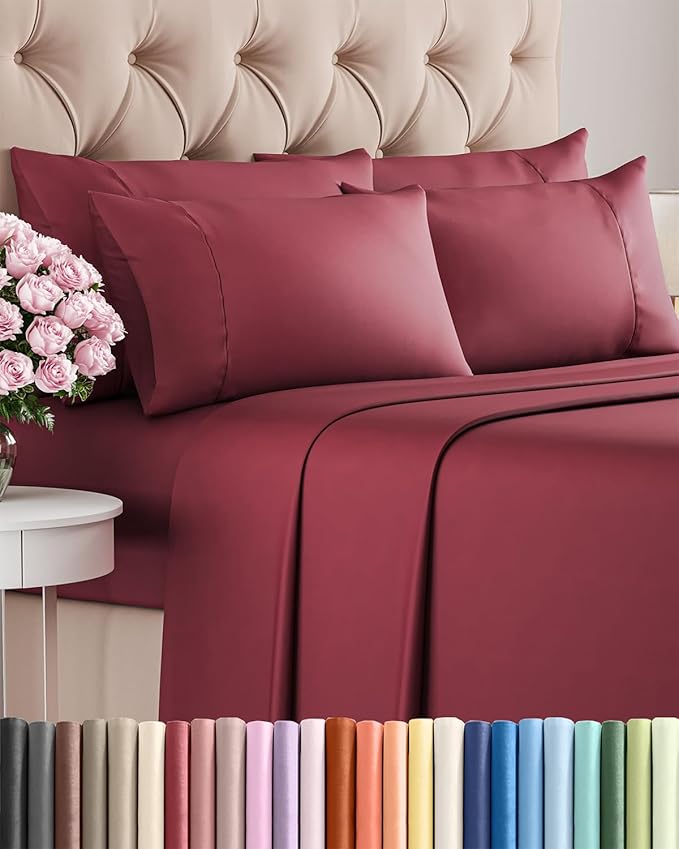 Cal King 6 Piece Sheet Set - Comfy Breathable & Cooling - Ultra-Soft Hotel Luxury Bedding Set w/ 8-16 Inch Deep Pockets - 1 Flat & 1 Fitted Sheet & 4 Pillowcases - Wrinkle Free & Easy Care - Burgundy