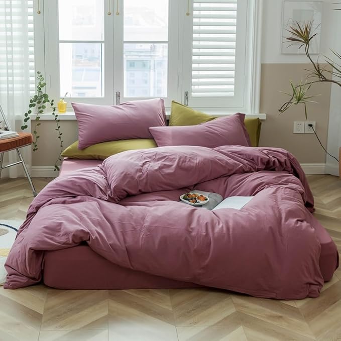 Purple Bedding Duvet Cover Queen 3 Pieces Pale Mauve Duvet Cover Boho Solid Bedding Set Luxury Soft Jersey Knit Cotton Comforter Cover with 2 Pillowcases Breathable Comfy Mauve Color Bedding Set