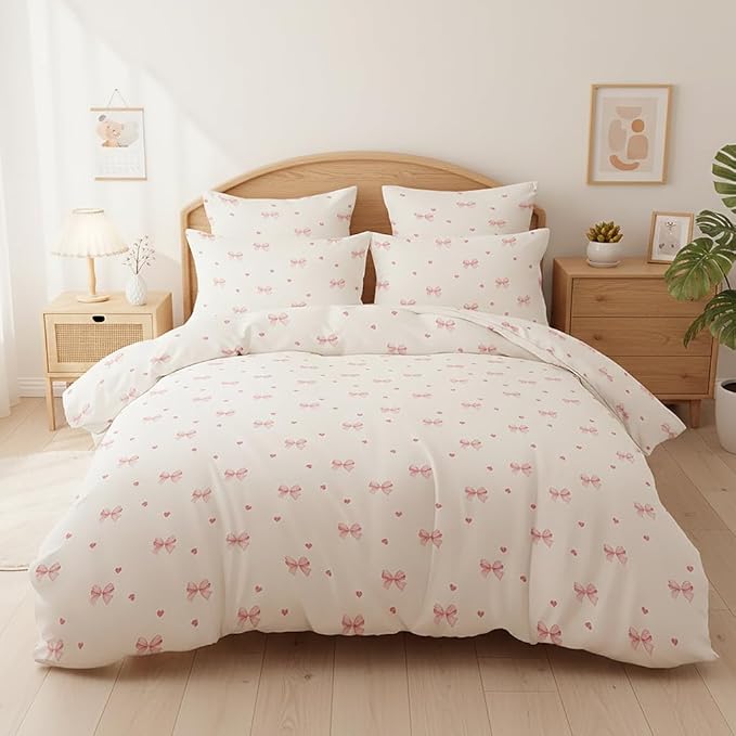 Nayoroom Pink Bow Duvet Cover Queen Size Coquette Pink Heart Duvet Cover 3 Pieces Soft Lightweight Microfiber Kids Girls Cute Aesthetic Dorm Bedding Set