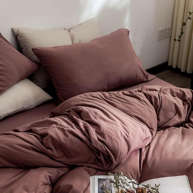 LifeTB Brick Red Duvet Cover Twin XL Size Soft Jersey Knit Cotton Bedding Set Minimalist Clay Rust Red Comforter Cover 3 Pieces Solid Color Bedding Knitted Cotton Duvet Cover with 2 Pillowcases