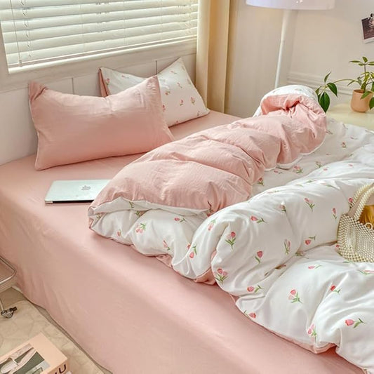 Nayoroom Pink Floral Duvet Cover Queen Size Coquette Tulip Printed on White Reversible Comforter Cover 3Pcs Kids Girls Cottagecore Bedding Set with Zipper Closure Soft Breathable Microfiber