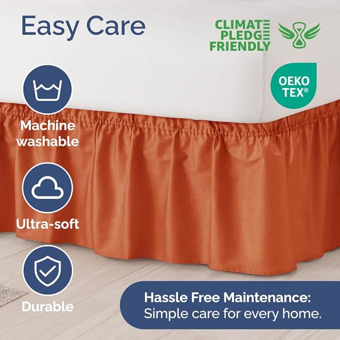 Wrap Around Dust Ruffle Bed Skirt - Terracotta - for Queen Size Beds w/ 12 Inch Drop - Easy Fit Elastic Strap - Adjustable Pleated Bedskirt w/Brushed Fabric - Wrinkle Free, Women, Men, Kids & Teens