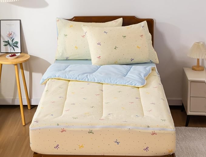 Meeting Story 3pcs Kids Comforter Set Twin Zipper Bedding Set for Girls,Kid Bedding Set Bow Comforter Set for Kid,All in one Zipper Bedding（Ivory,Twin）