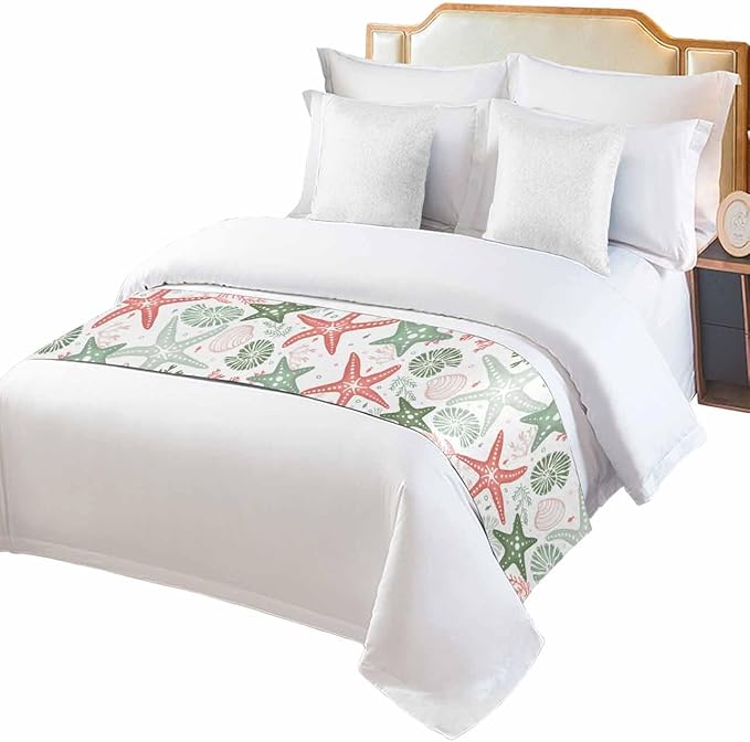 Green Orange Coral Bed Runner for Cal. King Size Bed, Bedspread Protector Slipcover Bed Scarf for Foot Bed Runners & Scarves for Bedroom Hotel 94x20 Spring Summer Coastal Starfish Beach Nautical Conch