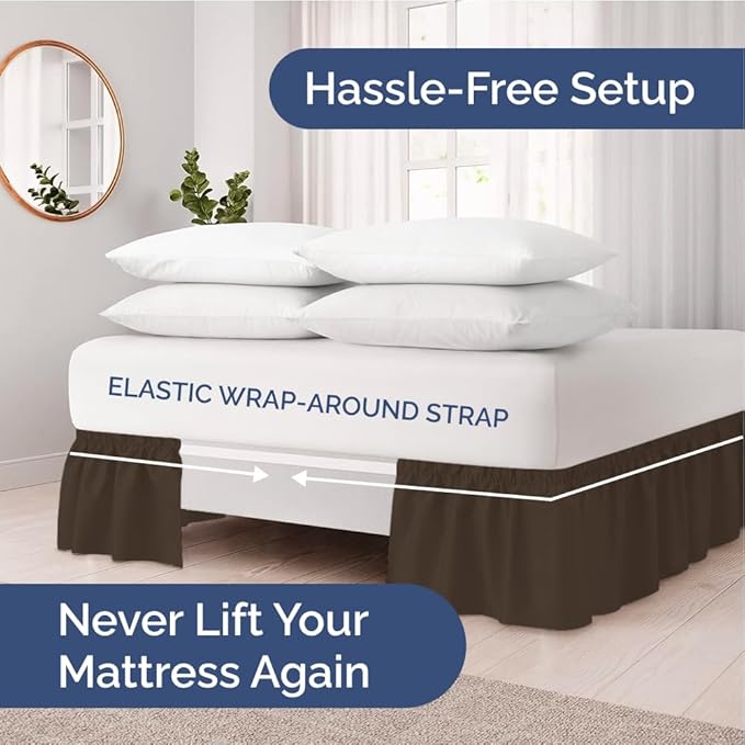 Wrap Around Dust Ruffle Bed Skirt - Brown - for Queen Size Beds with 21 Inch Drop - Easy Fit Elastic Strap - Adjustable Pleated Bedskirt w/Brushed Fabric - Wrinkle Free - for Women, Men, Kids & Teens