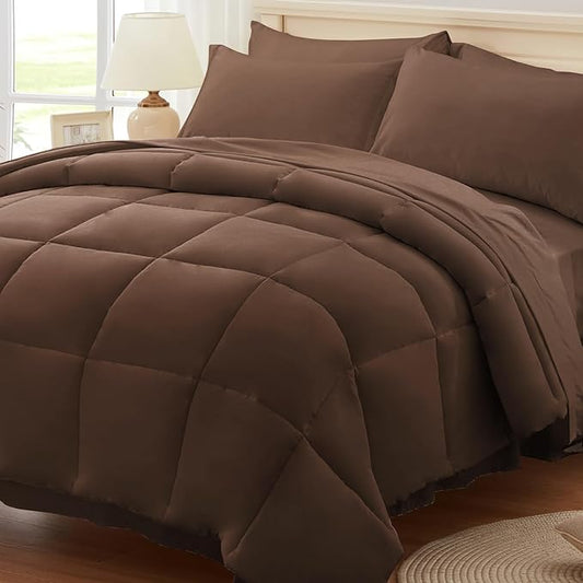 Anluoer Queen Comforter Set 7 Piece, Brown Bed in a Bag with Comforters, Pillow Shams, Pillowcases, Flat Sheet, Fitted Sheet