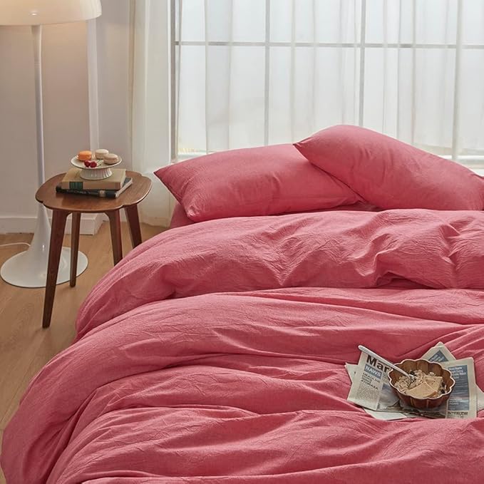 FACE TWO FACE Bedding Duvet Cover Set 3 Pieces 100% Washed Cotton Duvet Cover Linen Like Textured Breathable Durable Soft Comfy (California King, Red)