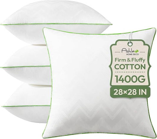 Ashler Throw Pillow Inserts (Pack of 4, White), 28 x 28 Inches Pillow Inserts with 100% Cotton Cover, Indoor Decorative Pillows Inserts for Couch Sofa and Bed