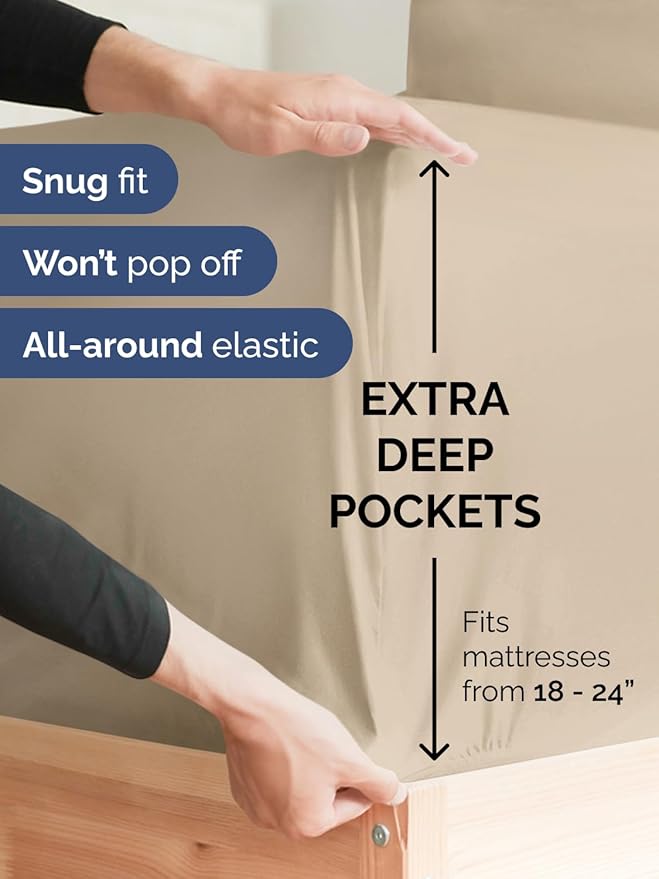 Extra Deep Split King Sheet Set - 7 Piece Breathable and Cooling Sheets - Hotel Luxury Bedding for Women, Men, Kids & Teens - Easy Secure Fit - Soft, Wrinkle Free & Comfy - Extra Deep Pockets - Cream