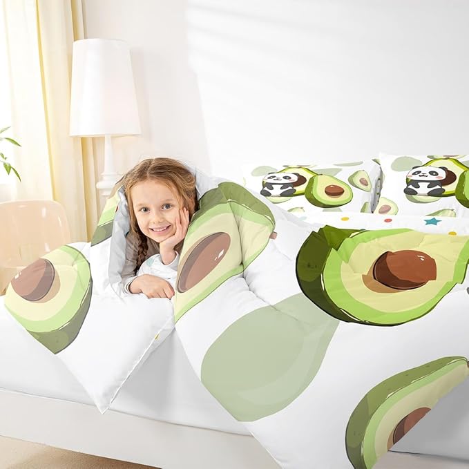 Kids Cute Panda Bedding Set Twin Kawaii Avocado Comforter Set for Boys Girls Bedroom Dorm Decor,Fruit Cartoon Exotic Animal Bedding Comforter Sets Giant Panda Bed Quilt Sets 2 Pcs Green Black White