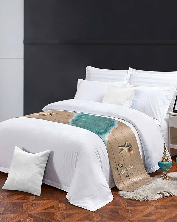 Coastal Ocean Starfish and Shell Sand Bed Runners for Bedroom Hotel,Decorative Bedding Scarf The Beach is My Happy Place Bed End Blanket Bedding Runner Scarves for Queen Size Bed,94x20in