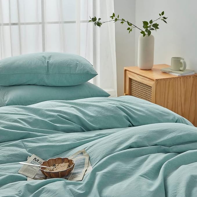 FACE TWO FACE Bedding Duvet Cover Set100% Washed Cotton Duvet Cover Linen Like Textured Breathable Durable Soft Comfy (King, Dusty Blue)