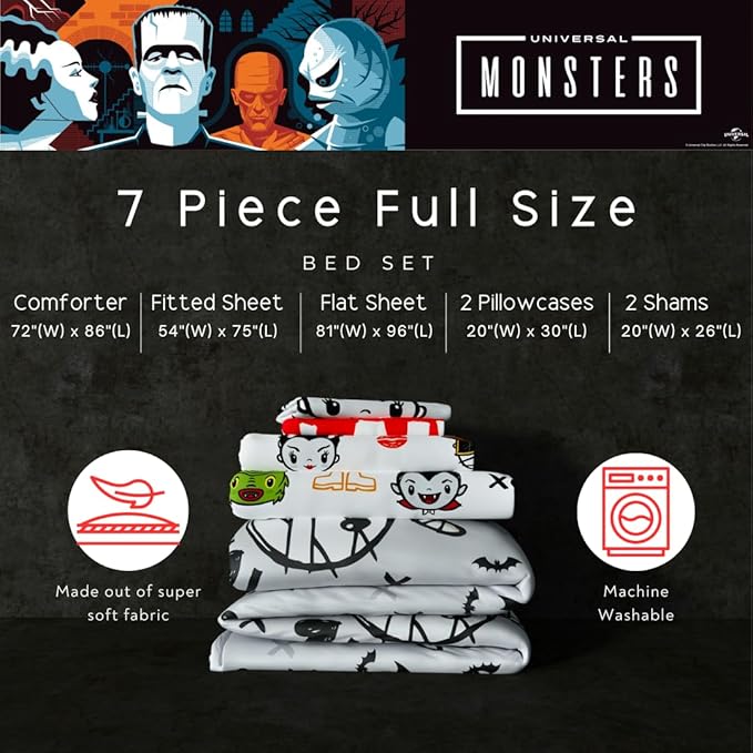 Universal Little Monsters Halloween Full Bed Set – Super Soft & Cozy 7 Piece Reversible Comforter and Sheet Set, (Officially Licensed Product) by Franco