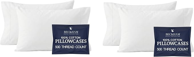 Beckham Hotel Collection Cotton Pillowcases King Size, Sateen Finish, Open End, Breathable, Moisture-Wicking, White (4 Pieces)