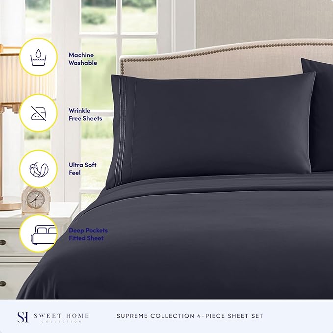 King Size Sheets - Breathable Luxury Bed Sheets with Full Elastic & Secure Corner Straps Built In - 1800 Supreme Collection Extra Soft Deep Pocket Bedding Set, Sheet Set, King, Navy