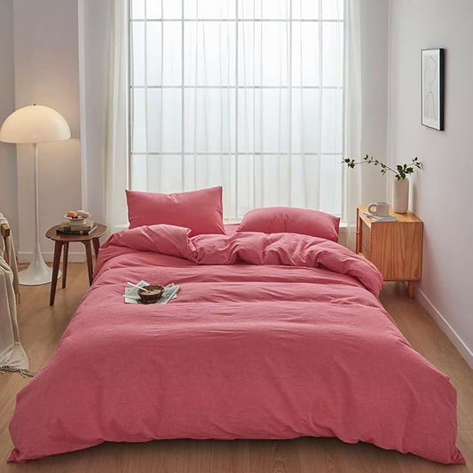 FACE TWO FACE Bedding Duvet Cover Set 3 Pieces 100% Washed Cotton Duvet Cover Linen Like Textured Breathable Durable Soft Comfy (California King, Red)
