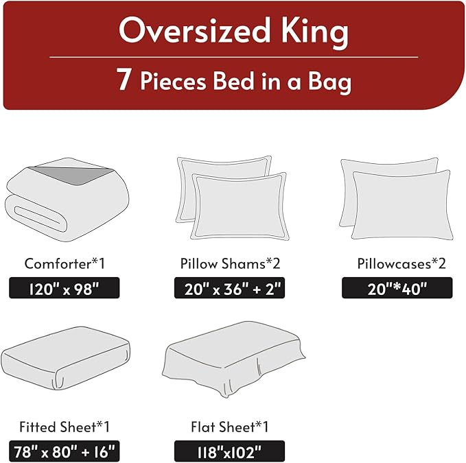 MUXHOMO 7 Pieces Oversized King Comforter Set, Reversible Bed in a Bag Oversized King Size, All Season Bedding Set with Comforter, Flat Sheet, Fitted Sheet, Pillowcases & Shams, Red & Black