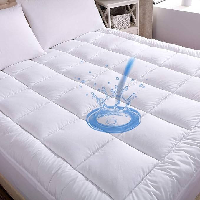WhatsBedding Waterproof Mattress Pad Cal-King Size Cotton Top Down Alternative Filling Pillowtop Mattress Topper Cover-Fitted Quilted (Waterproof Cal-King)