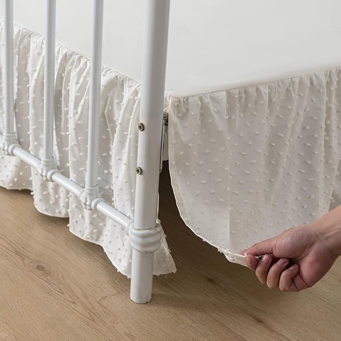Tufted Dot Bed Skirt Twin Size Ruffled Bed Skirt with Split Corners, 14 Inch Drop Dust Ruffle Bed Skirts with Platform, Ivory