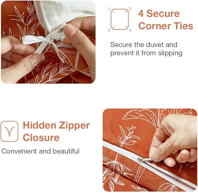 Lekesky Floral Duvet Cover Queen Size, Burnt Orange Queen Duvet Cover Plant Flowers Pattern Bedding Set for All Season, Soft Breathable Duvet Cover with Zipper Closure & Corner Ties