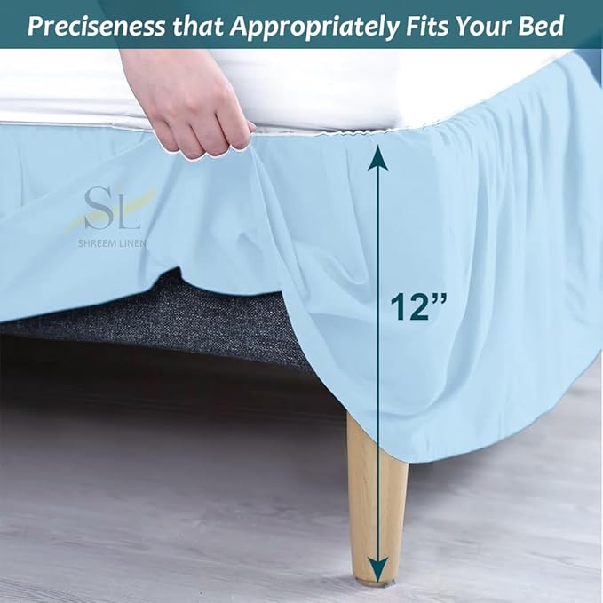 Shreem Linen Ruffled Bed Skirt with Split Corners, Gathered Style, 100% Microfiber, 12-Inch Drop, Dust Ruffle Bedskirt with Platform, Twin, Light Blue