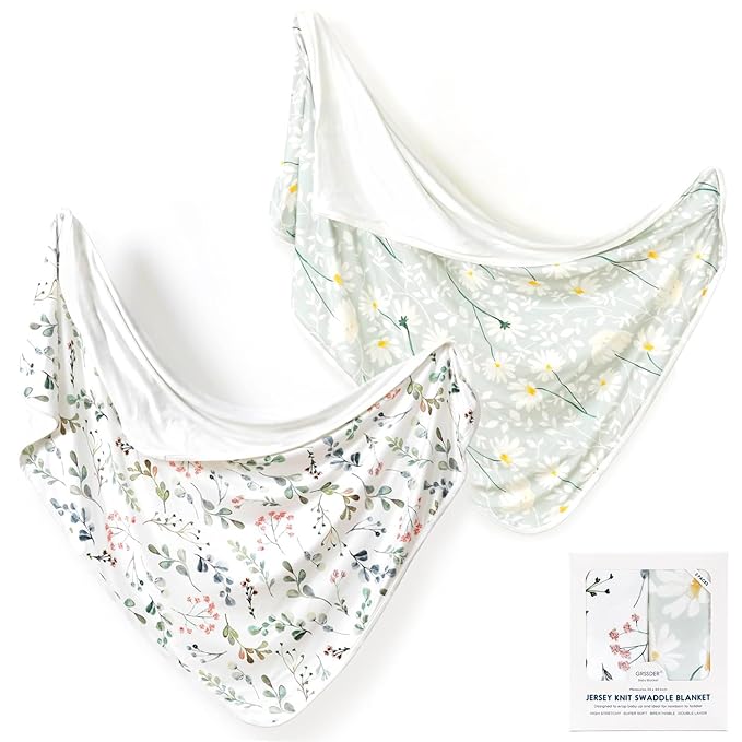 GRSSDER Baby Blankets 2 Pack Super Soft Jersey Knit Swaddle Blankets for Baby Girls and Boys, Double Layer Receiving Blankets 34 x 44 Extra Large for Swaddling, Leaves & Daisy