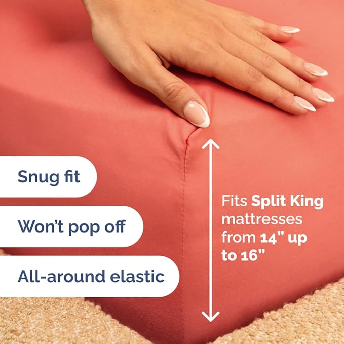 Flex Top Split Head King 4 Piece Sheet Set - Comfy Breathable & Cooling Bed Sheets Set - Hotel Luxury Bedding for Women, Men, Kids, Teens, Boys & Girls - Deep Pockets, Ultra-Soft - Oeko-Tex - Coral