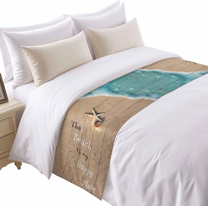 Coastal Ocean Starfish and Shell Sand Bed Runners for Bedroom Hotel,Decorative Bedding Scarf The Beach is My Happy Place Bed End Blanket Bedding Runner Scarves for Twin Size Bed,71x20in
