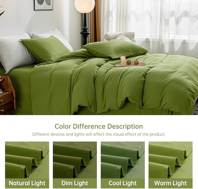 JELLYMONI Christams Duvet Cover California King - 100% Washed Cotton Linen Like Textured Comforter Cover, 3 Pieces Soft Cooling Bedding Set with Zipper Closure (Avocado Green, Calking 104"x98")