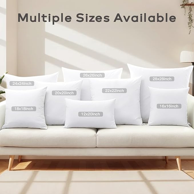 SAVORI Set of 2 Down and Feather Throw Pillow Inserts 28x28 Soft Fluffy Pillow Inserts with 100% Down-Proof Cotton Cover, Decorative Square Cushion Inner for Sofa Couch Bed-White