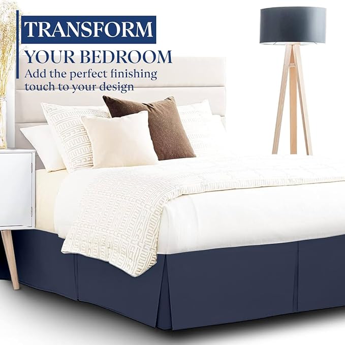 SKY BEDDINGS Luxury Pleated Full Bed Skirt with Split Corners - 16 Inch Tailored Drop - Pleated Dust Ruffle - Wrinkle-Free 100% Microfiber - Easy Fit, Soft & Durable - Navy Blue